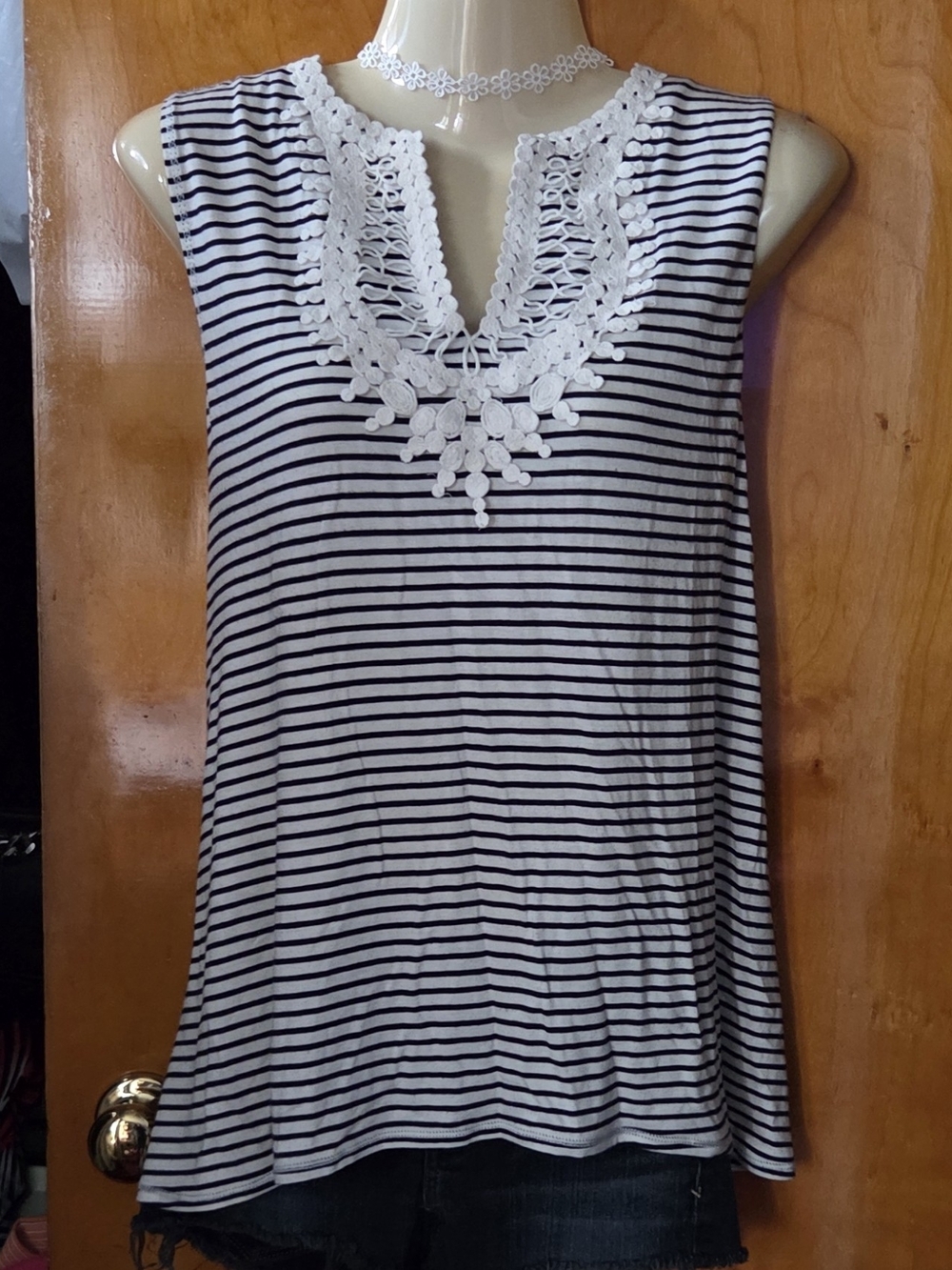 Max Studio Black & White Striped Crochet-Trim Tank